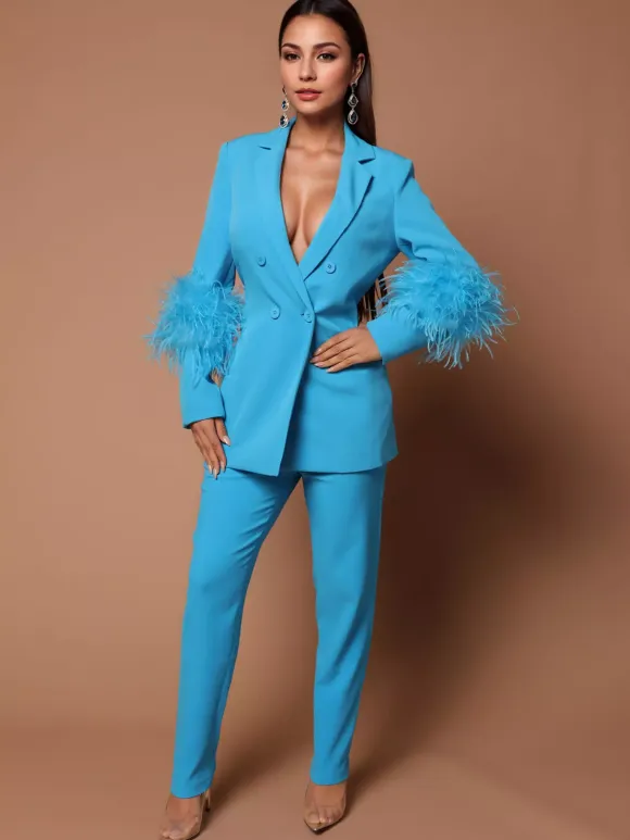 Pant Set Lapel Deep V-Neck Feathers Sexy Women Suits