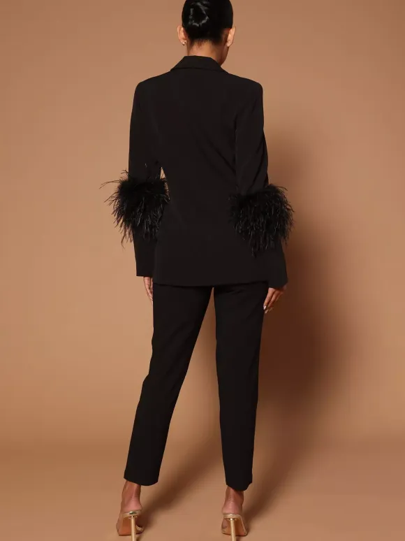 Pant Set Lapel Deep V-Neck Feathers Sexy Women Suits