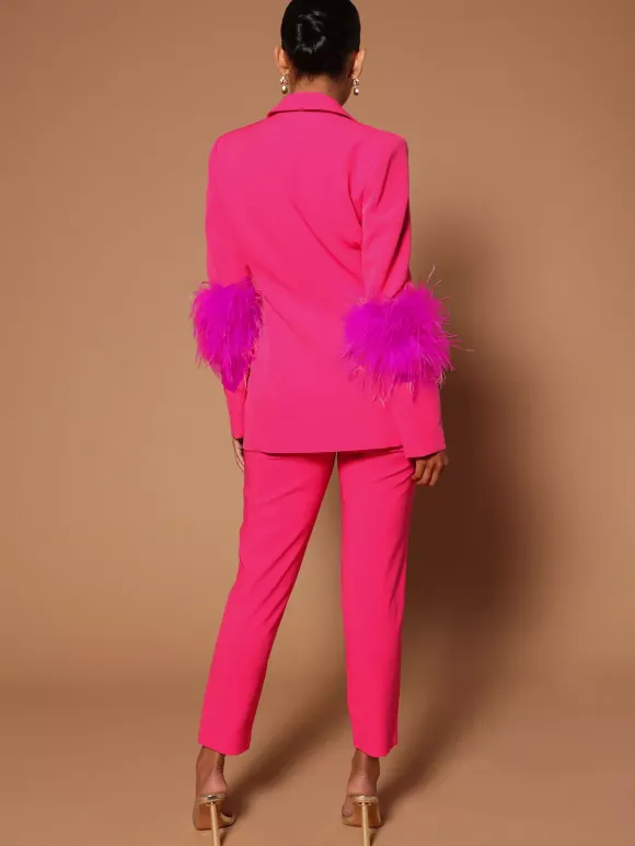 Pant Set Lapel Deep V-Neck Feathers Sexy Women Suits