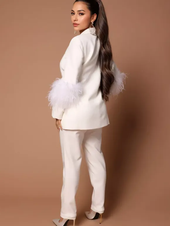 Pant Set Lapel Deep V-Neck Feathers Sexy Women Suits