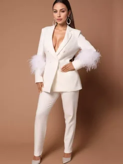 Pant Set Lapel Deep V-Neck Feathers Sexy Women Suits