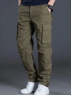 Pants For Men Casual Natural Waist Straight Cargo Pant Yellow Green Men's Pants