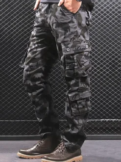 Pants For Men Comfy Camouflage Natural Waist Straight Cargo Pant Grey Pants