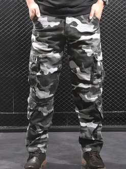 Pants For Men Comfy Camouflage Natural Waist Straight Cargo Pant Grey Pants