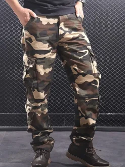 Pants For Men Comfy Camouflage Natural Waist Straight Cargo Pant Grey Pants