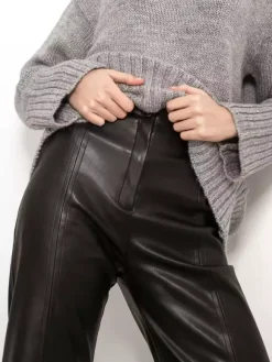 Pants Red PU Leather Natural Waist Chic Straight Trousers