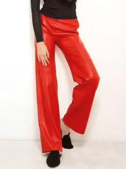 Pants Red PU Leather Natural Waist Chic Straight Trousers