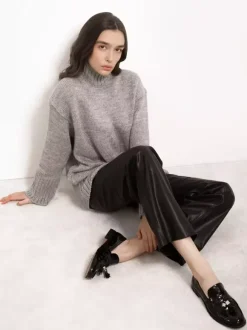 Pants Red PU Leather Natural Waist Chic Straight Trousers