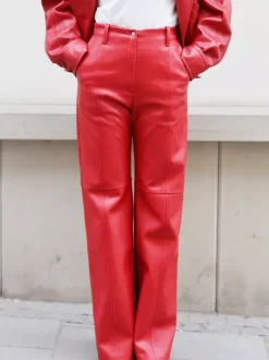 Pants Red PU Leather Natural Waist Chic Straight Trousers