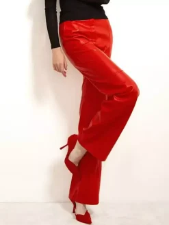 Pants Red PU Leather Natural Waist Chic Straight Trousers