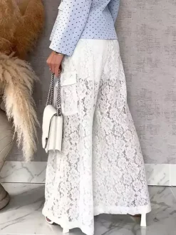 Pants White High Waist Floral Lace Wide Leg Pants Trousers