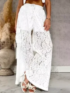 Pants White High Waist Floral Lace Wide Leg Pants Trousers