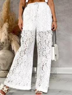 Pants White High Waist Floral Lace Wide Leg Pants Trousers
