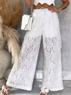 Pants White High Waist Floral Lace Wide Leg Pants Trousers
