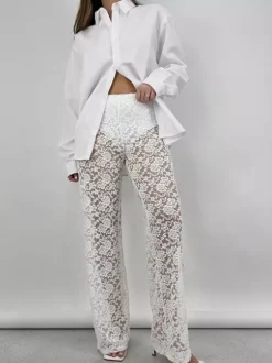 Pants White Lace Lace Natural Waist Straight Trousers