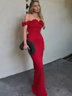 Party Dress Dresses Maxi Red Off-The-Shoulder Ruffles Chic Semi Formal Summer Dress