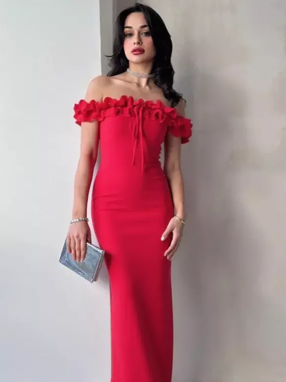 Party Dress Dresses Maxi Red Off-The-Shoulder Ruffles Chic Semi Formal Summer Dress