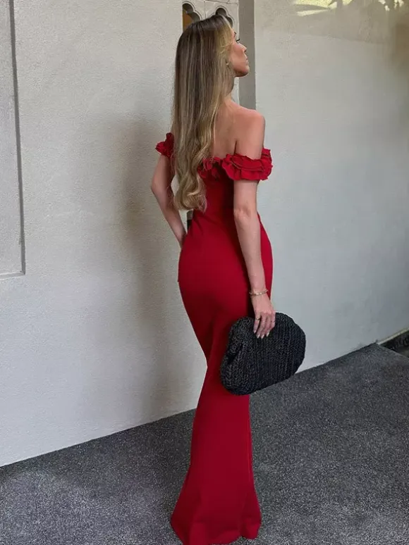 Party Dress Dresses Maxi Red Off-The-Shoulder Ruffles Chic Semi Formal Summer Dress