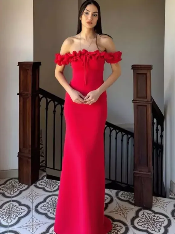 Party Dress Dresses Maxi Red Off-The-Shoulder Ruffles Chic Semi Formal Summer Dress