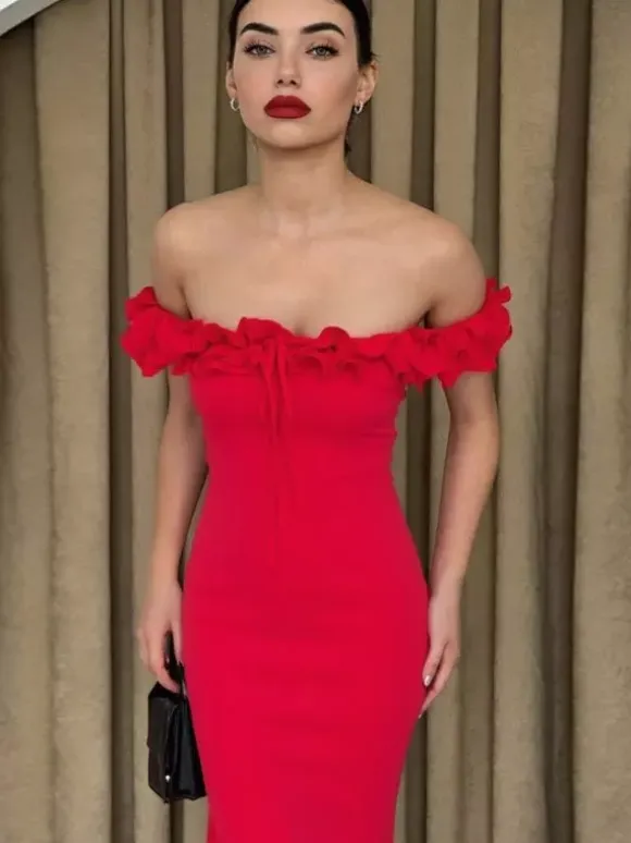 Party Dress Dresses Maxi Red Off-The-Shoulder Ruffles Chic Semi Formal Summer Dress