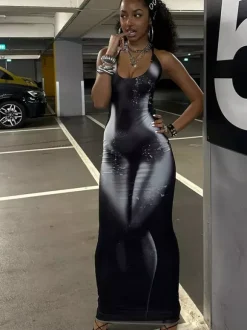 Party Dress Dresses Maxi Black Halter Lace Up Shaping Sexy Semi Formal Summer Dress