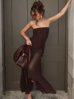 Party Dress Dresses Maxi Coffee Brown Strapless Pleated Sexy Semi Formal Summer Dress