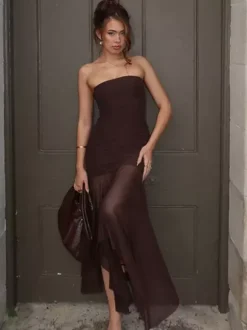 Party Dress Dresses Maxi Coffee Brown Strapless Pleated Sexy Semi Formal Summer Dress