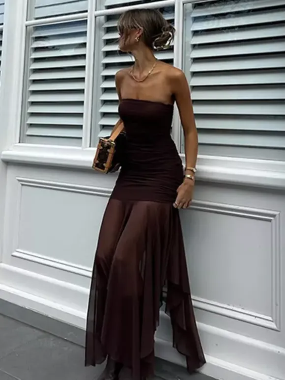 Party Dress Dresses Maxi Coffee Brown Strapless Pleated Sexy Semi Formal Summer Dress