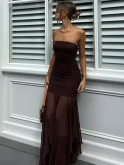 Party Dress Dresses Maxi Coffee Brown Strapless Pleated Sexy Semi Formal Summer Dress
