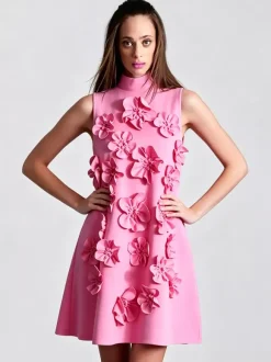 Party Dress Dresses Mini Pink Stand Collar Flowers Sleeveless Casual Semi Formal Dress
