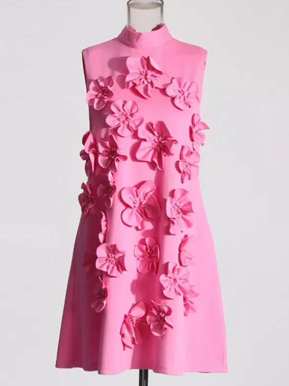 Party Dress Dresses Mini Pink Stand Collar Flowers Sleeveless Casual Semi Formal Dress