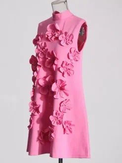Party Dress Dresses Mini Pink Stand Collar Flowers Sleeveless Casual Semi Formal Dress