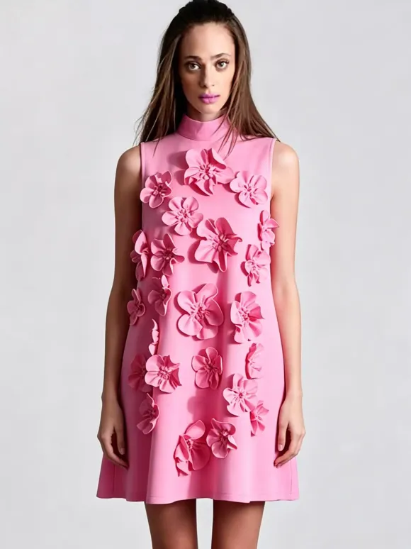 Party Dress Dresses Mini Pink Stand Collar Flowers Sleeveless Casual Semi Formal Dress