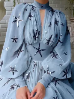 Party Dress Dresses Party Dresses Ocean Blue High Collar Sequins Long Sleeves Shaping Puff Sleeves Elegant Semi Formal Dress