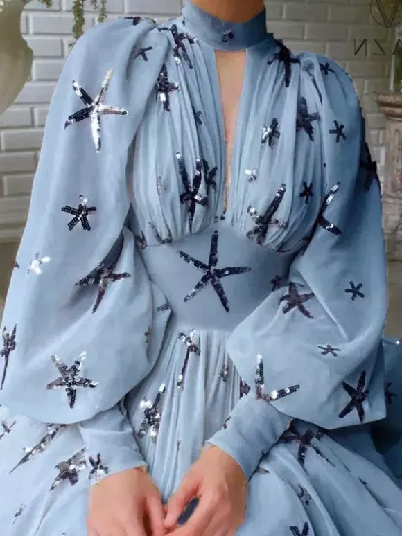 Party Dress Dresses Party Dresses Ocean Blue High Collar Sequins Long Sleeves Shaping Puff Sleeves Elegant Semi Formal Dress