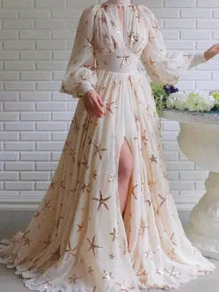 Party Dress Dresses Party Dresses Ocean Blue High Collar Sequins Long Sleeves Shaping Puff Sleeves Elegant Semi Formal Dress
