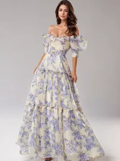 Party Dress Floral Off The Shoulder Tiered A-Line Elegant Prom Maxi Folklore Dresses