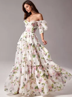 Party Dress Floral Off The Shoulder Tiered A-Line Elegant Prom Maxi Folklore Dresses