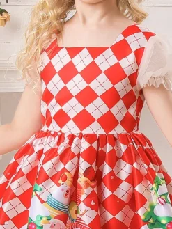 Party Dress For Christmas Red Polyester Fiber Plaid Pattern Floral Print Christmas Holidays Costumes Dress
