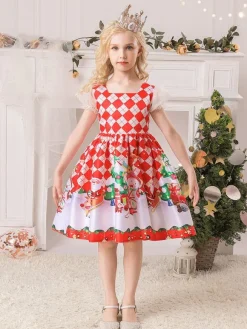 Party Dress For Christmas Red Polyester Fiber Plaid Pattern Floral Print Christmas Holidays Costumes Dress
