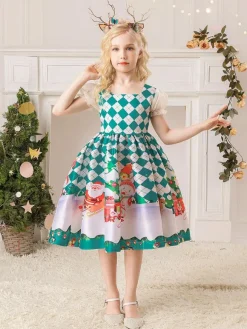 Party Dress For Christmas Red Polyester Fiber Plaid Pattern Floral Print Christmas Holidays Costumes Dress