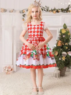 Party Dress For Christmas Red Polyester Fiber Plaid Pattern Floral Print Christmas Holidays Costumes Dress