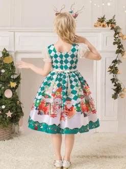 Party Dress For Christmas Red Polyester Fiber Plaid Pattern Floral Print Christmas Holidays Costumes Dress