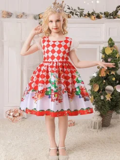 Party Dress For Christmas Red Polyester Fiber Plaid Pattern Floral Print Christmas Holidays Costumes Dress