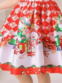 Party Dress For Christmas Red Polyester Fiber Plaid Pattern Floral Print Christmas Holidays Costumes Dress