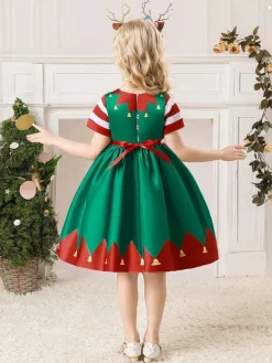 Party Dress For Christmas Green Polyester Fiber Floral Print Christmas Holidays Costumes Dress