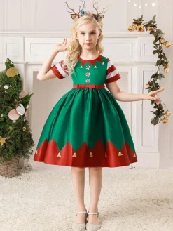 Party Dress For Christmas Green Polyester Fiber Floral Print Christmas Holidays Costumes Dress