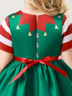 Party Dress For Christmas Green Polyester Fiber Floral Print Christmas Holidays Costumes Dress