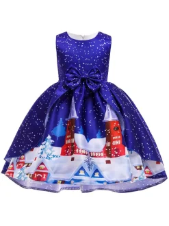Party Dress For Christmas Green Polyester Fiber Floral Print Christmas Holidays Costumes Dress