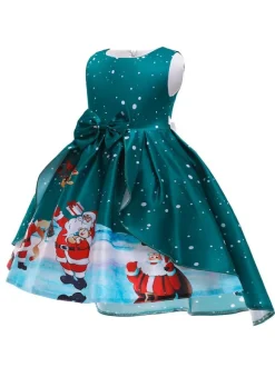 Party Dress For Christmas Green Polyester Fiber Floral Print Christmas Holidays Costumes Dress